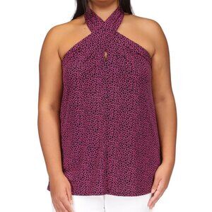 Michael Kors Women's Plus Size Sleeveless Halter Top, Pink Black Giraffe, 0X